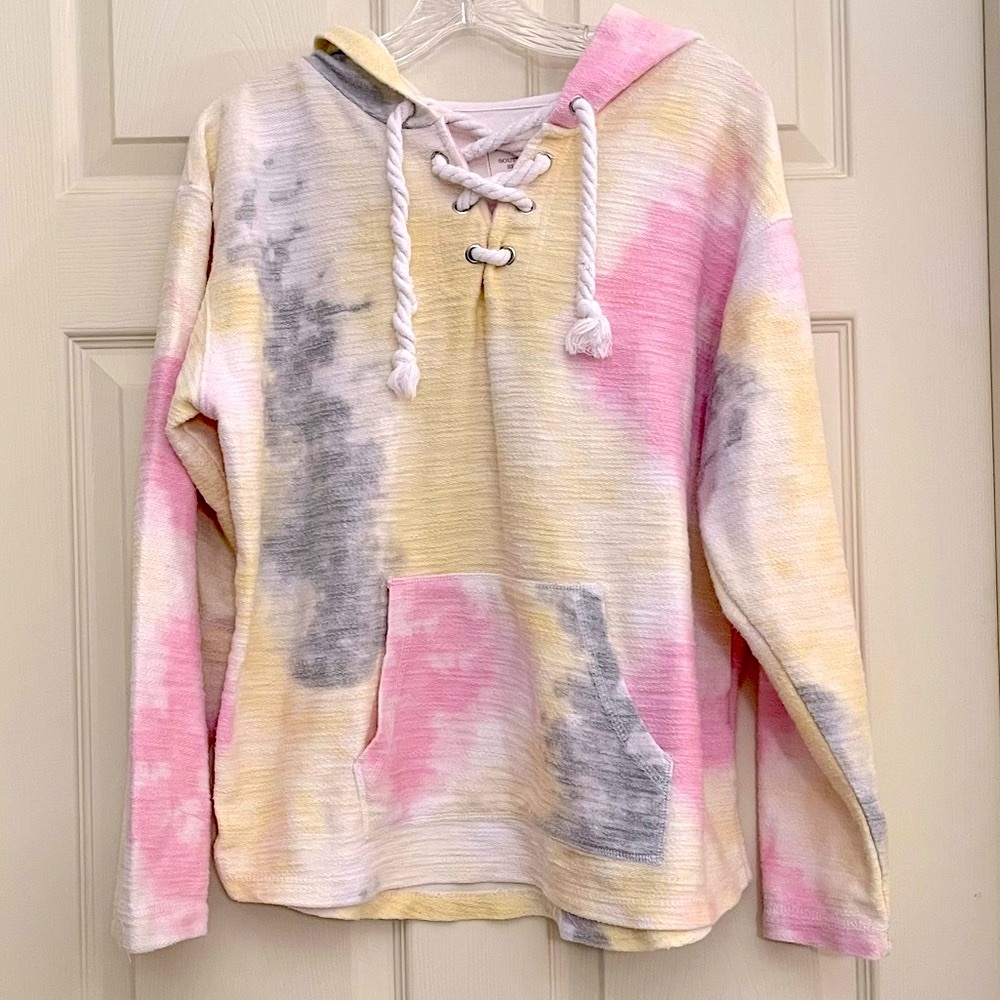 Southern Spirit Unicorn Tie Dye Pullover Hoodie with Lace-up Detail, Size L